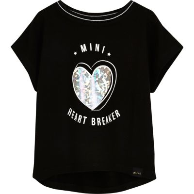 Mini girls black metallic heart print T-shirt